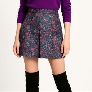 LOFT Jacquard Red Floral Blue Pleated Green Mini Festive Metallic Skirt 6